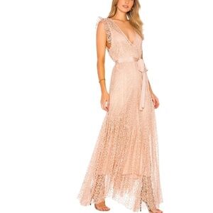 ALICE MCCALL Reflection Lace Maxi Dress Asymmetrical Hem Peach Nude